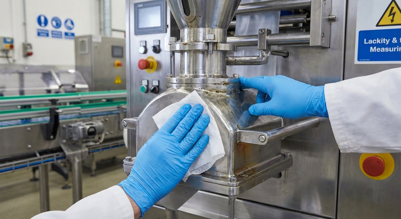 A digital hygrometer showing '48%' humidity next to a coffee packaging line in a modern factory setting.