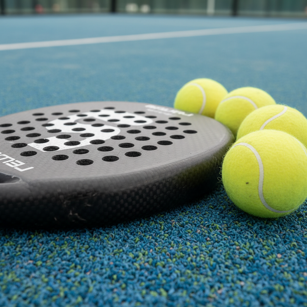 High-resolution photorealistic image of a padel racket and three balls resting on professional blue turf, focusing on the texture of the racket holes.