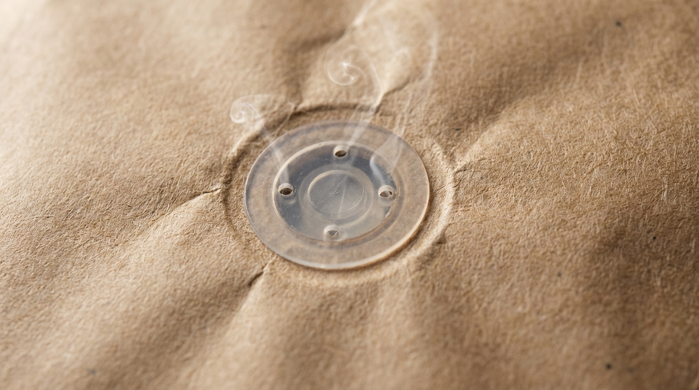 Extreme macro shot of a one-way degassing valve integrated into a coffee bag, showing carbon dioxide escaping.