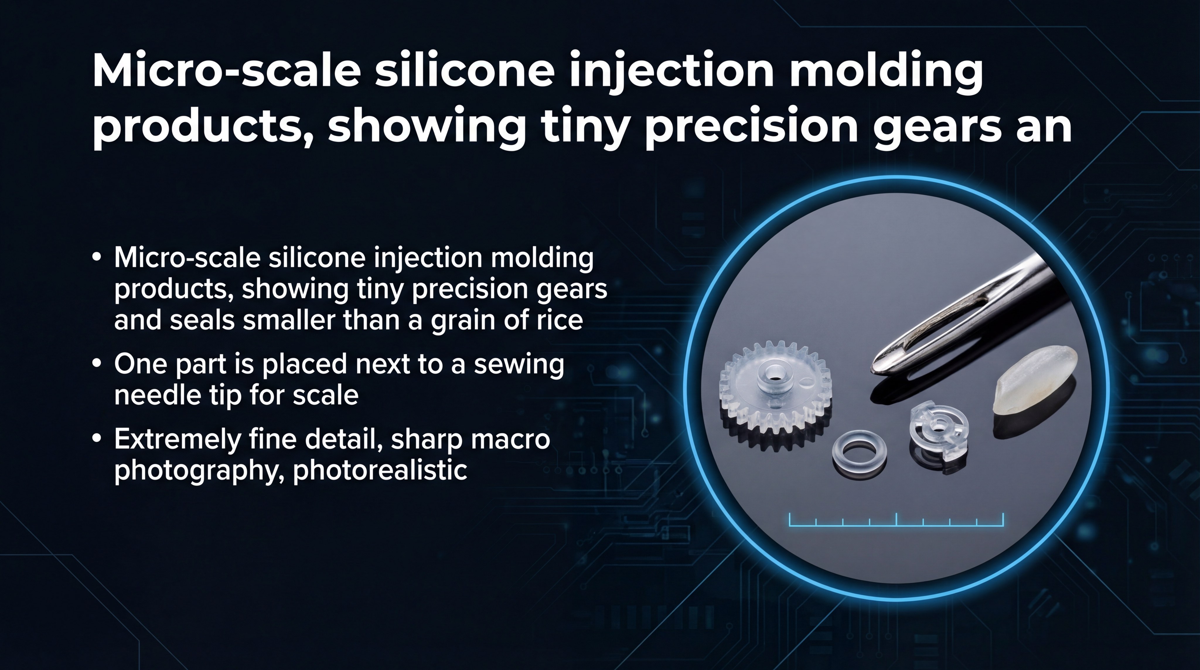 Micro-scale silicone injection molding products, showing tiny precision gears and seals smaller than a grain of rice.