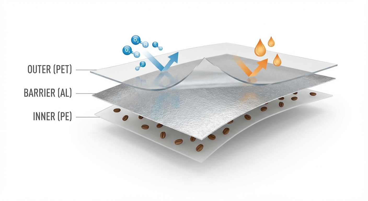 Cross-section diagram of multi-layer coffee packaging film showing PET, Aluminum, and LLDPE layers
