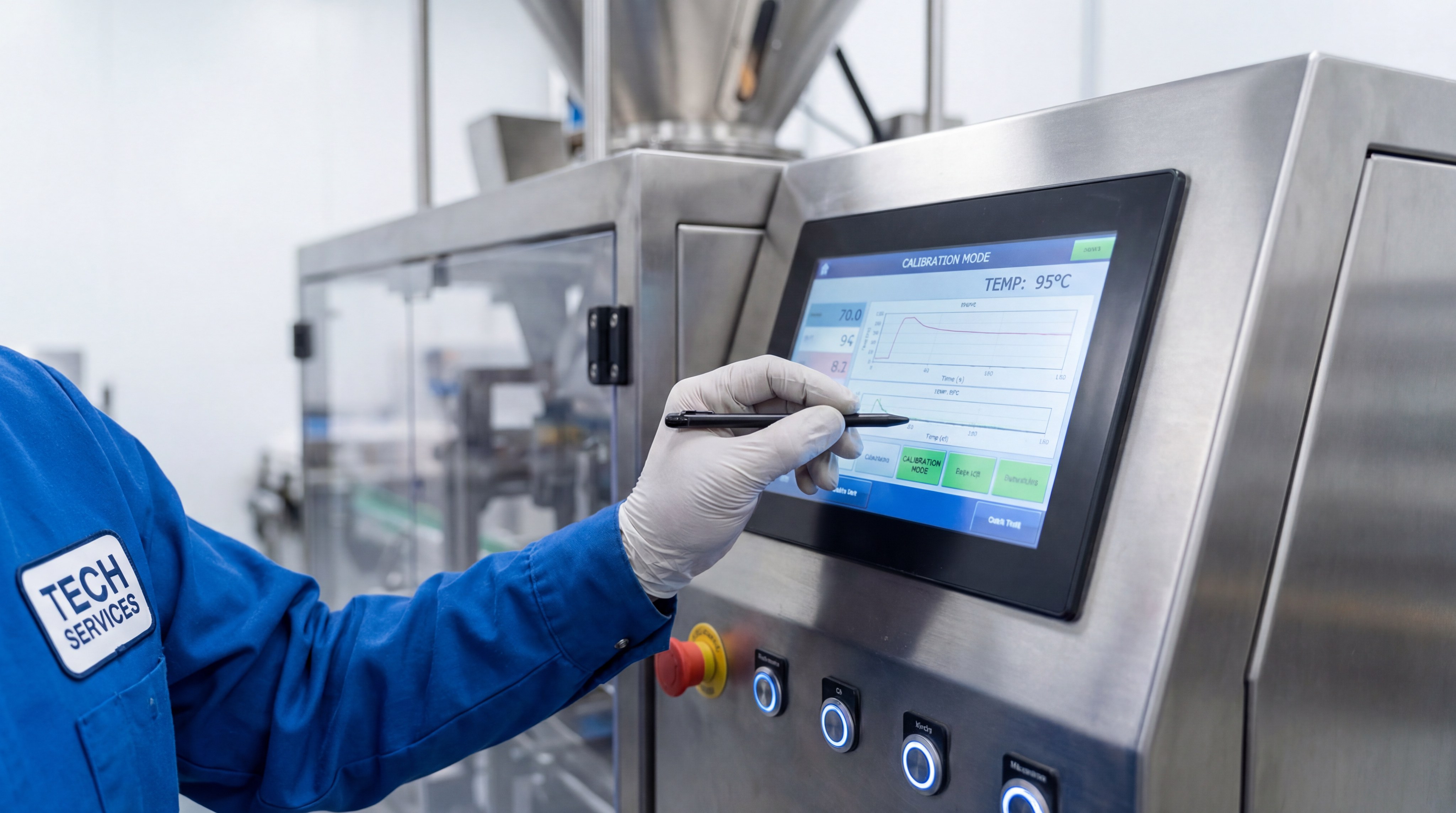 Technician calibrating a coffee packaging machine
