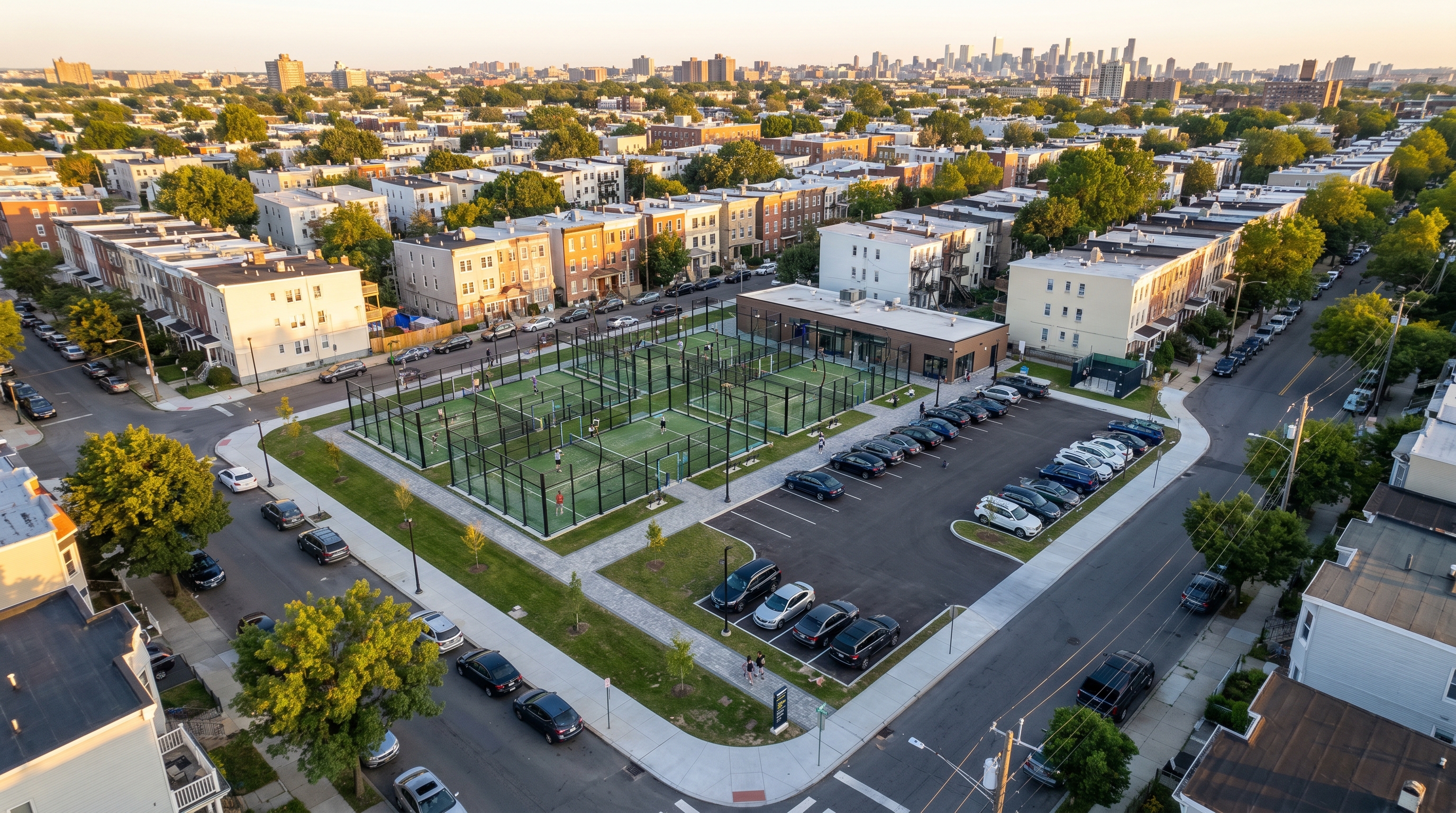Aerial view of a padel club situated in an urban residential neighborhood.