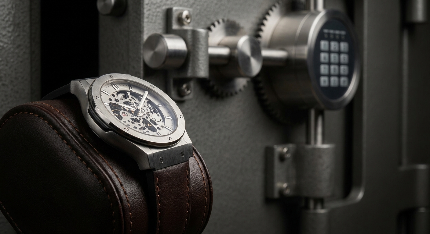 Luxury watch secured on a winder cushion in front of a high-security safe door