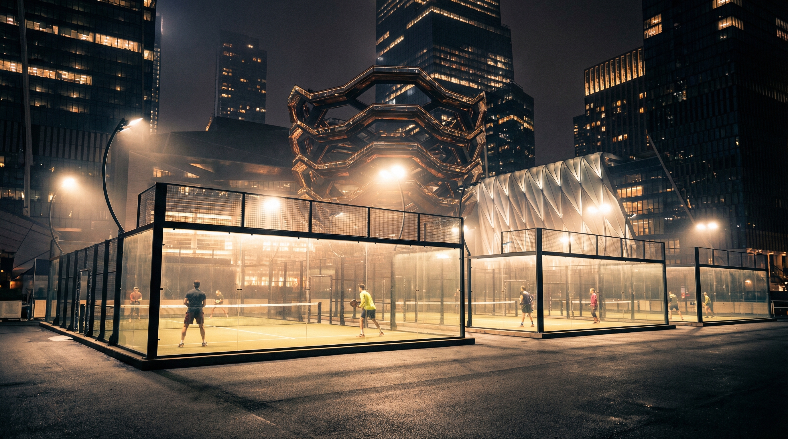 Padel courts in Hudson Yards at night with bright stadium lighting