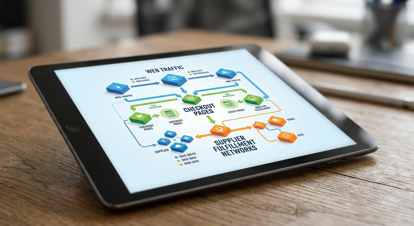 An iPad screen resting on a wooden desk showing a colorful 3D infographic flowchart mapping out web traffic checkout and supplier networks