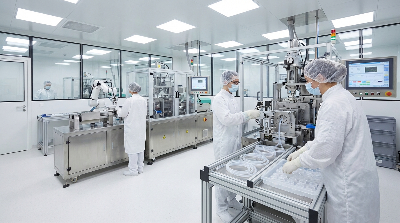 workers in a sterile cleanroom manufacturing medical grade silicone