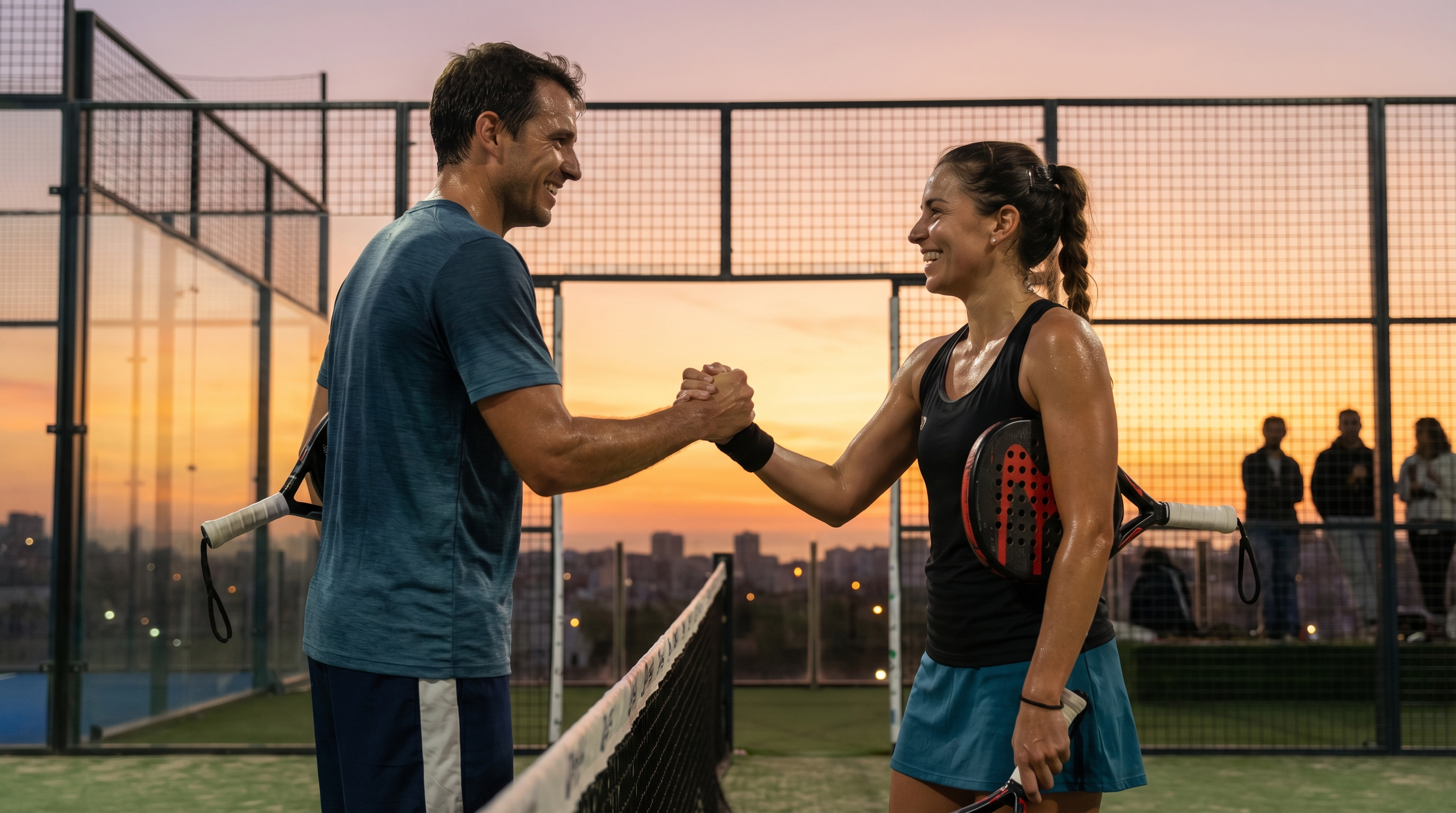 padel players handshake sunset