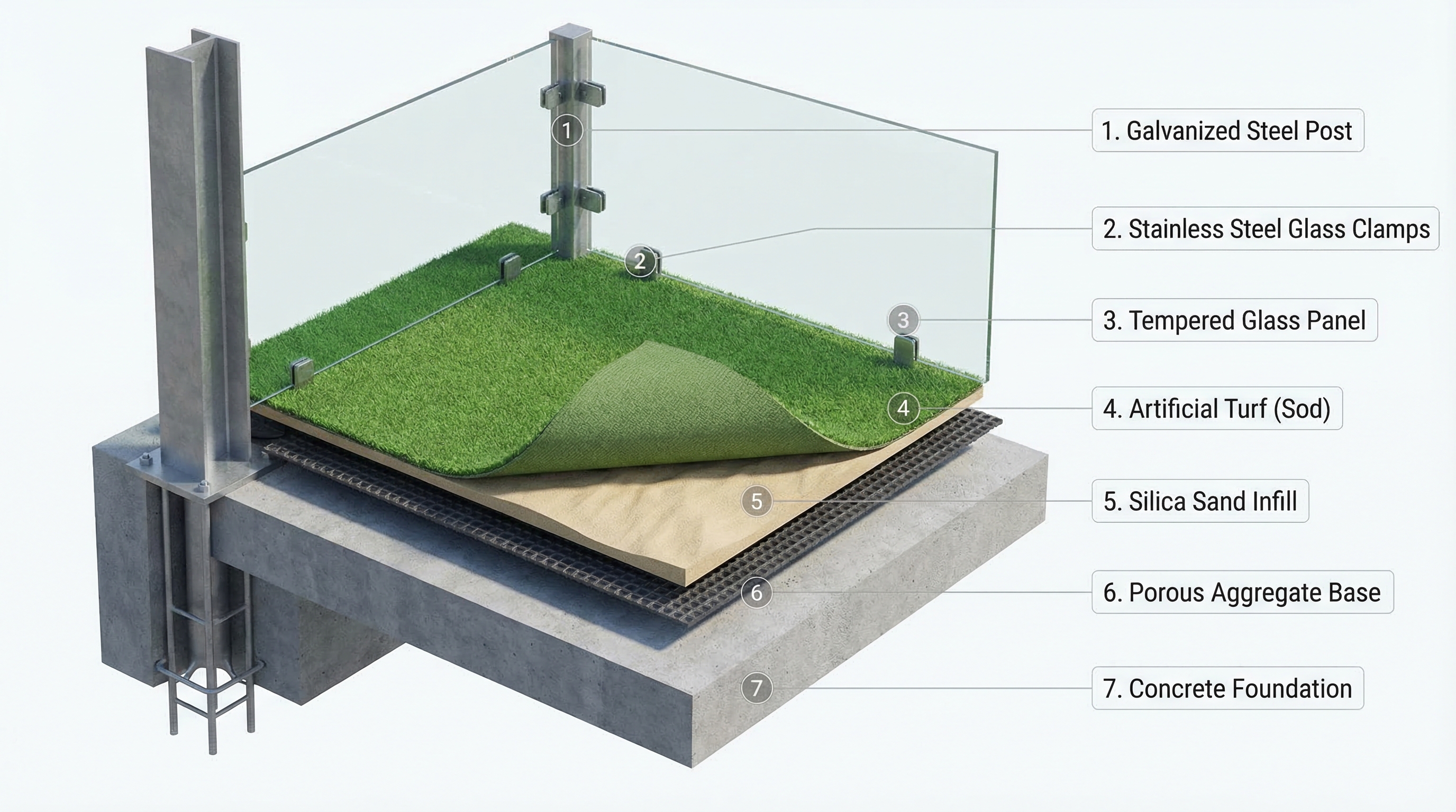 padel court corner 3d exploded diagram