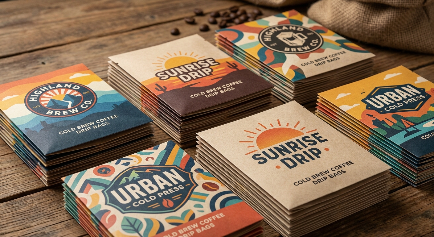 Image Description: A display of high-barrier outer envelopes for cold brew drip bags, showing various vibrant designs and matte/glossy finishes.