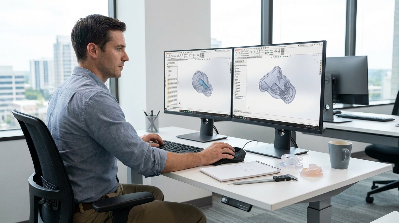 Engineer working on 3D CAD design for silicone products