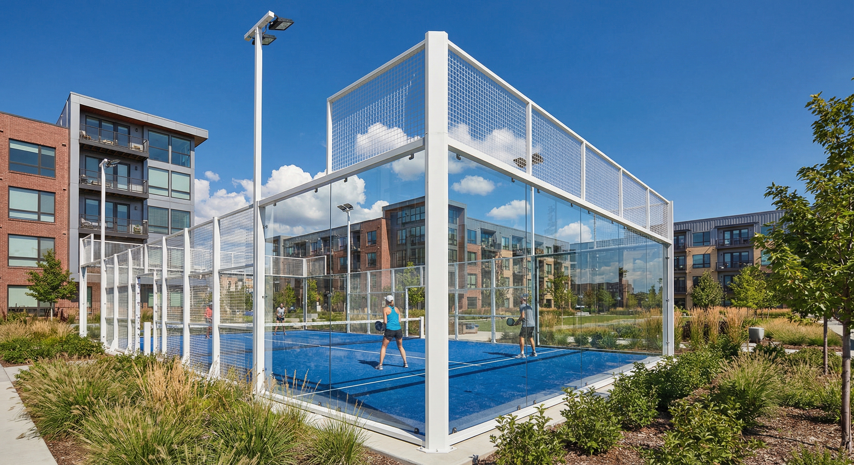 vibrant high-end outdoor padel court located in the 9+CO Denver development