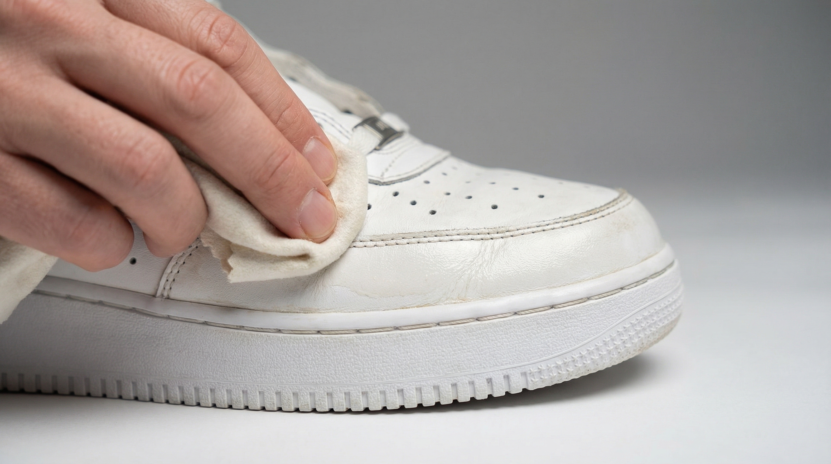 Premium Product Macro clean restored athletic shoe with a white rubber midsole hand applying a clear leather conditioner with a soft cloth to the upper