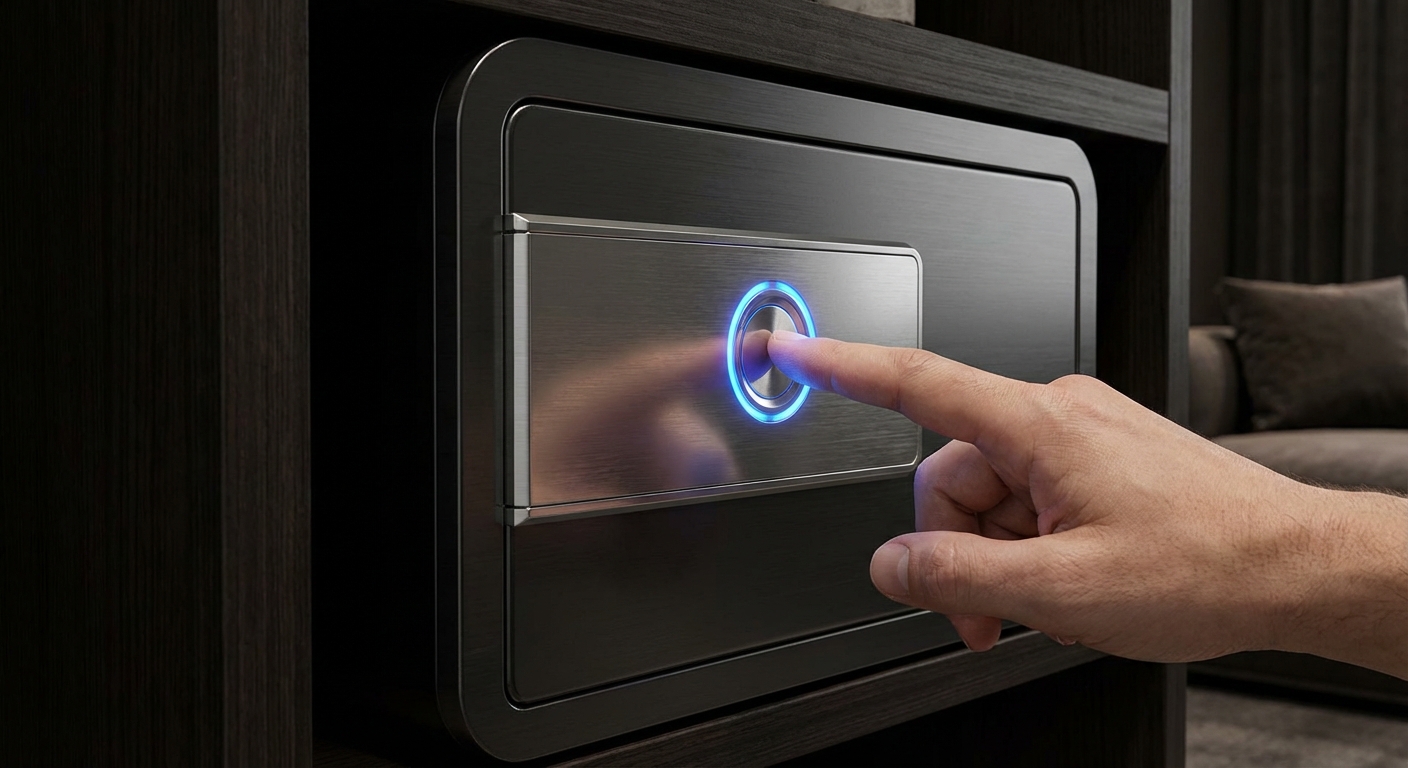 Close-up of a finger scanning a glowing biometric safe lock