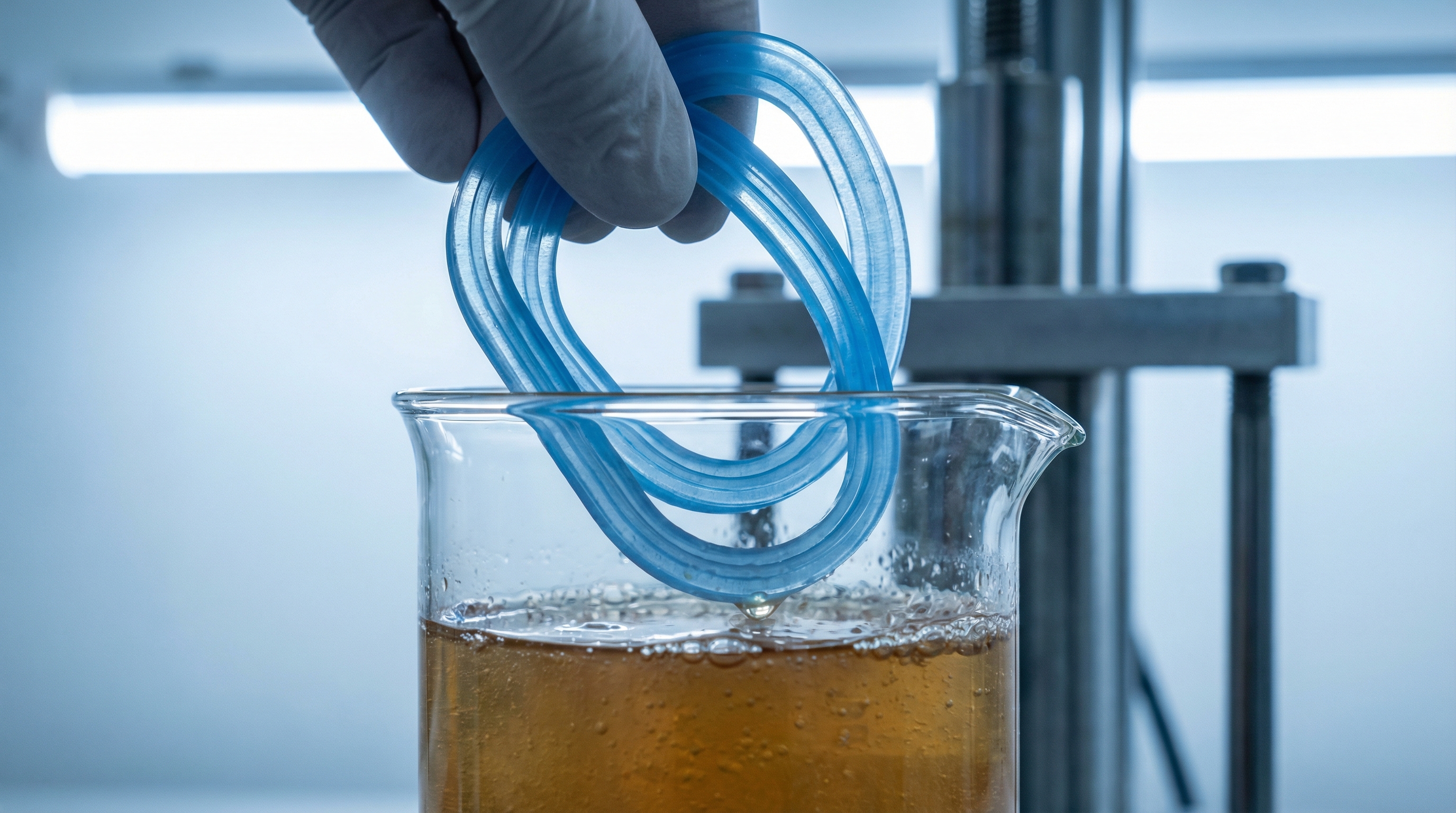 3D printed silicone gaskets being tested for chemical resistance