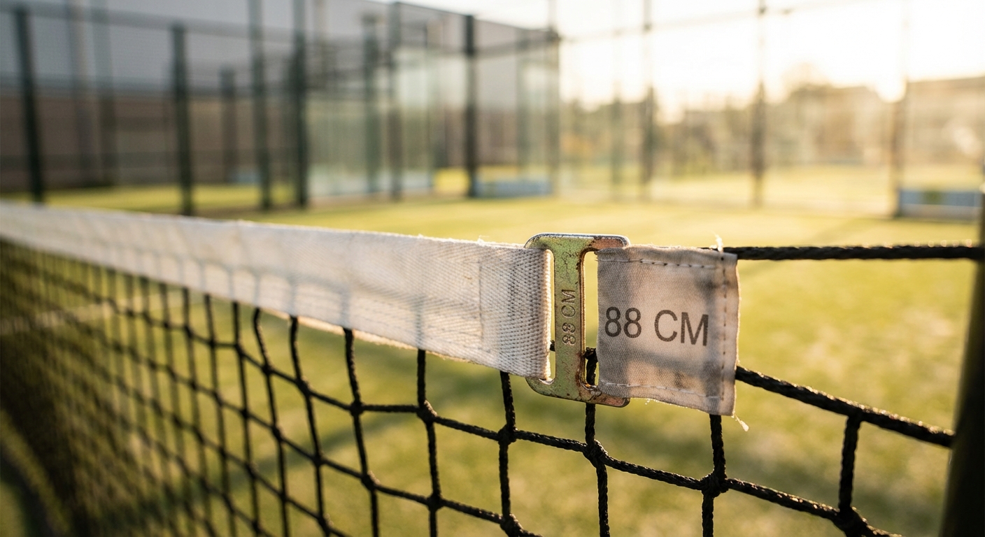 Close-up of a padel net showing the center strap and height variations.