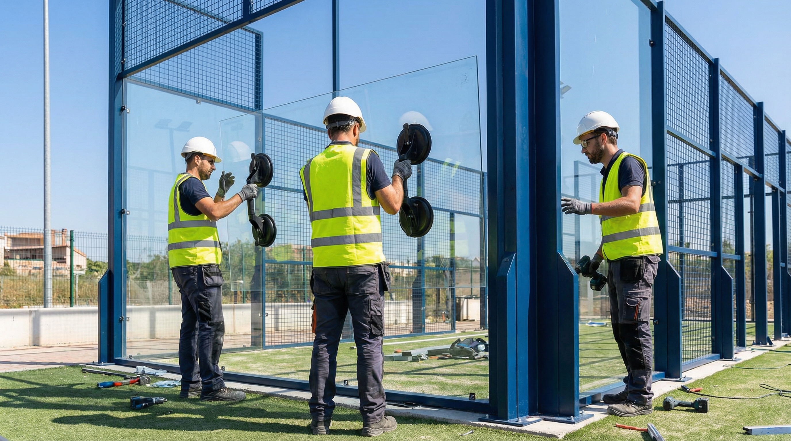 Photorealistic image of workers using heavy-duty suction cups to install a large pane of tempered glass into a panoramic padel court frame.