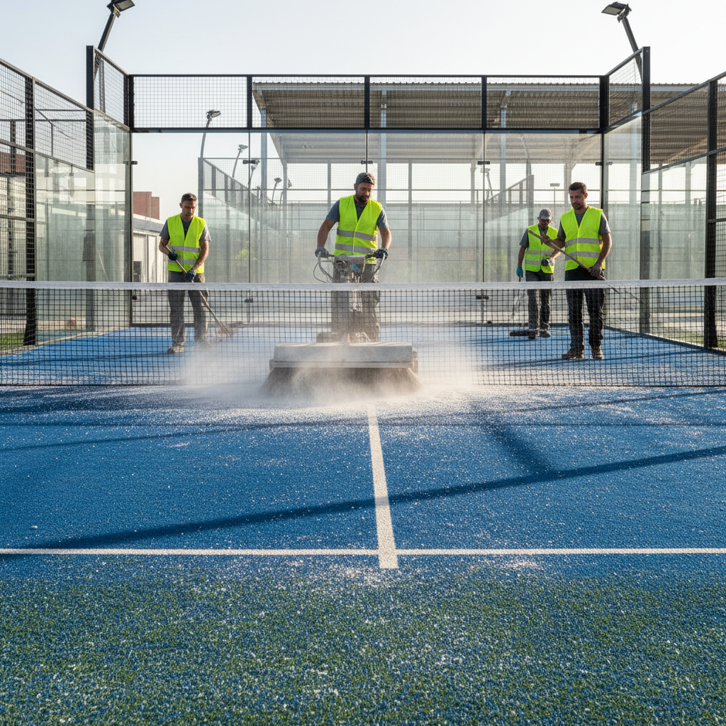 Construction Phase: A photorealistic image of a professional installation team using a motorized brush to distribute sand. index 5