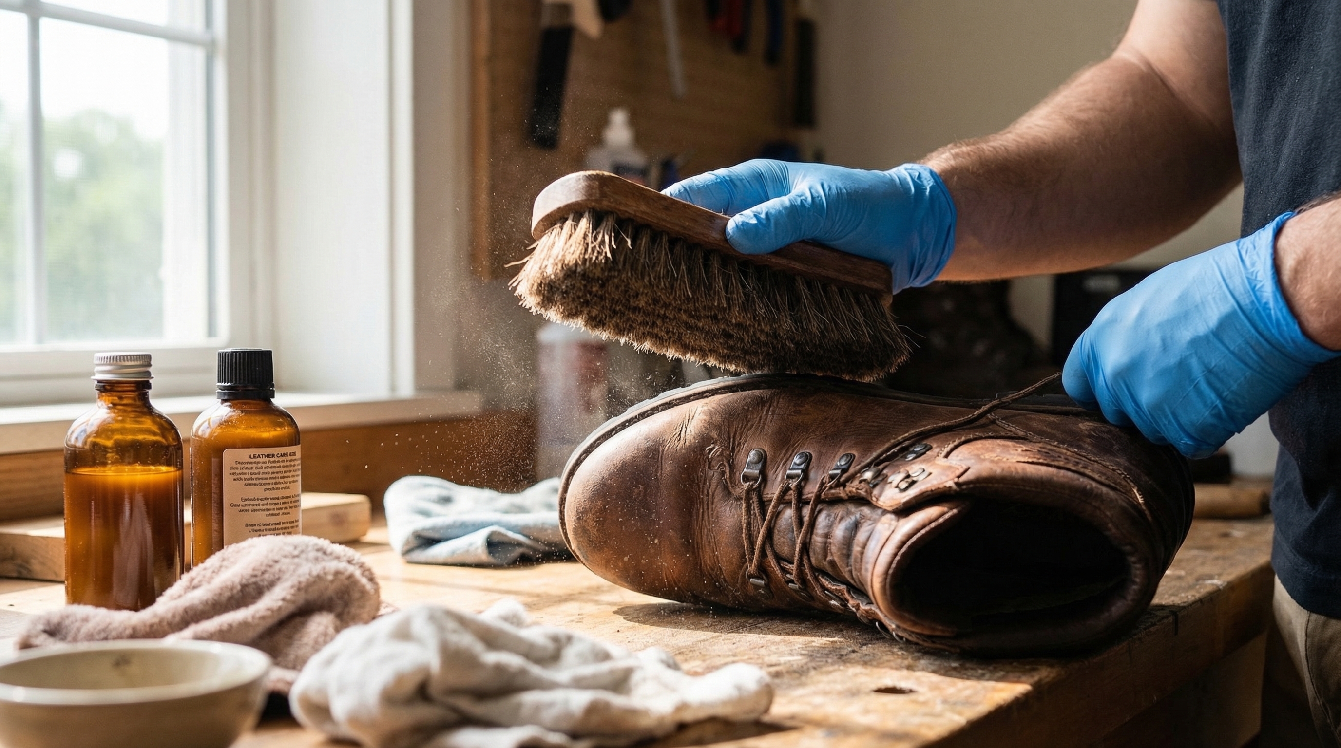Professional cleaning of leather boots using a horsehair brush and specialized conditioners to remove contaminants before packing.
