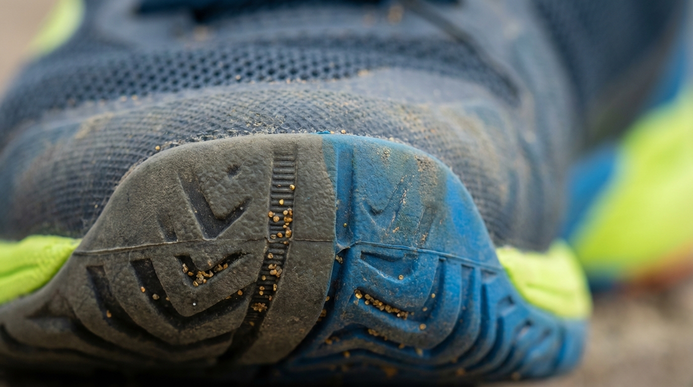 Close-up of the toe box of a padel shoe showing textured rubber reinforcement and heat-sealed seams.