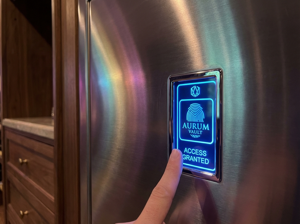 A biometric fingerprint scanner on a luxury jewelry safe
