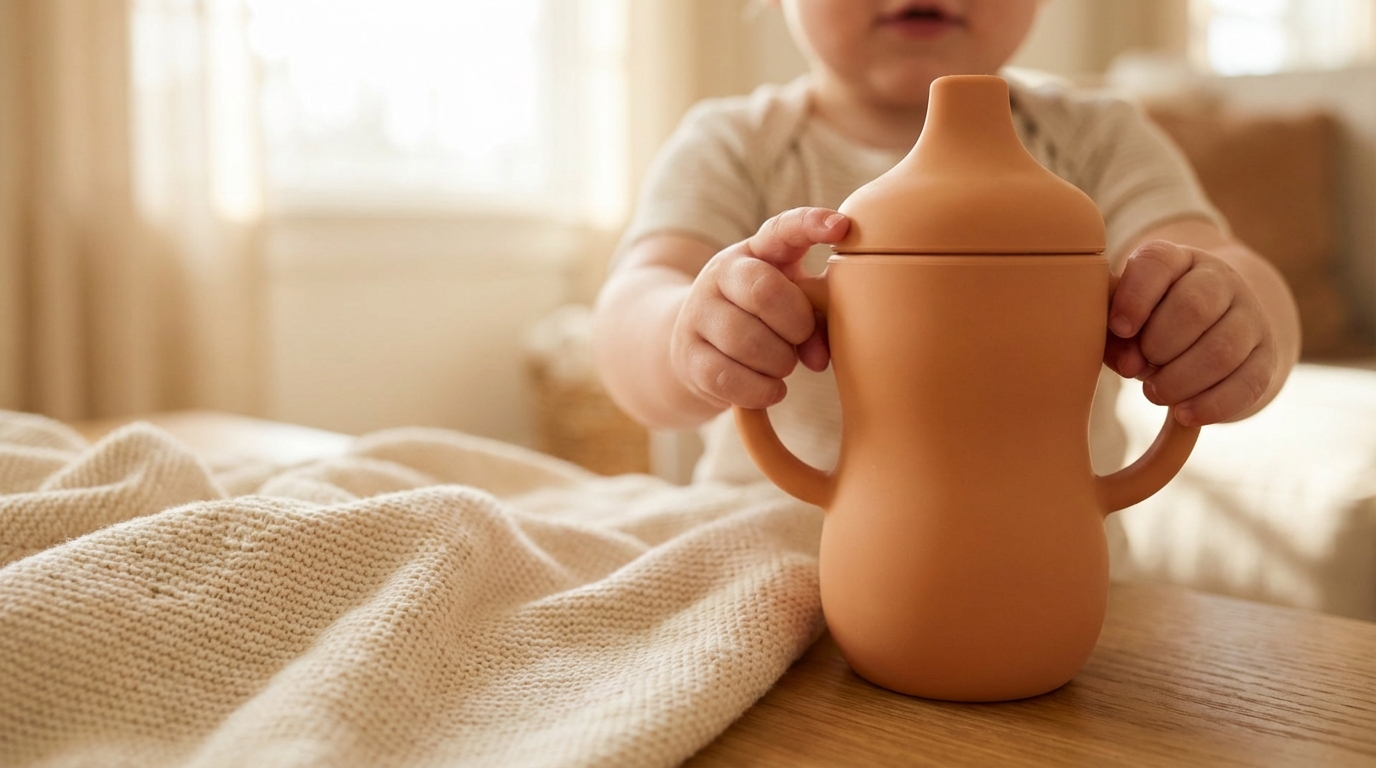 Photorealistic 16:9 shot of a toddler's hands (out of focus in background) holding a contoured silicone bottle with integrated handles, soft daylight, warm domestic atmosphere.