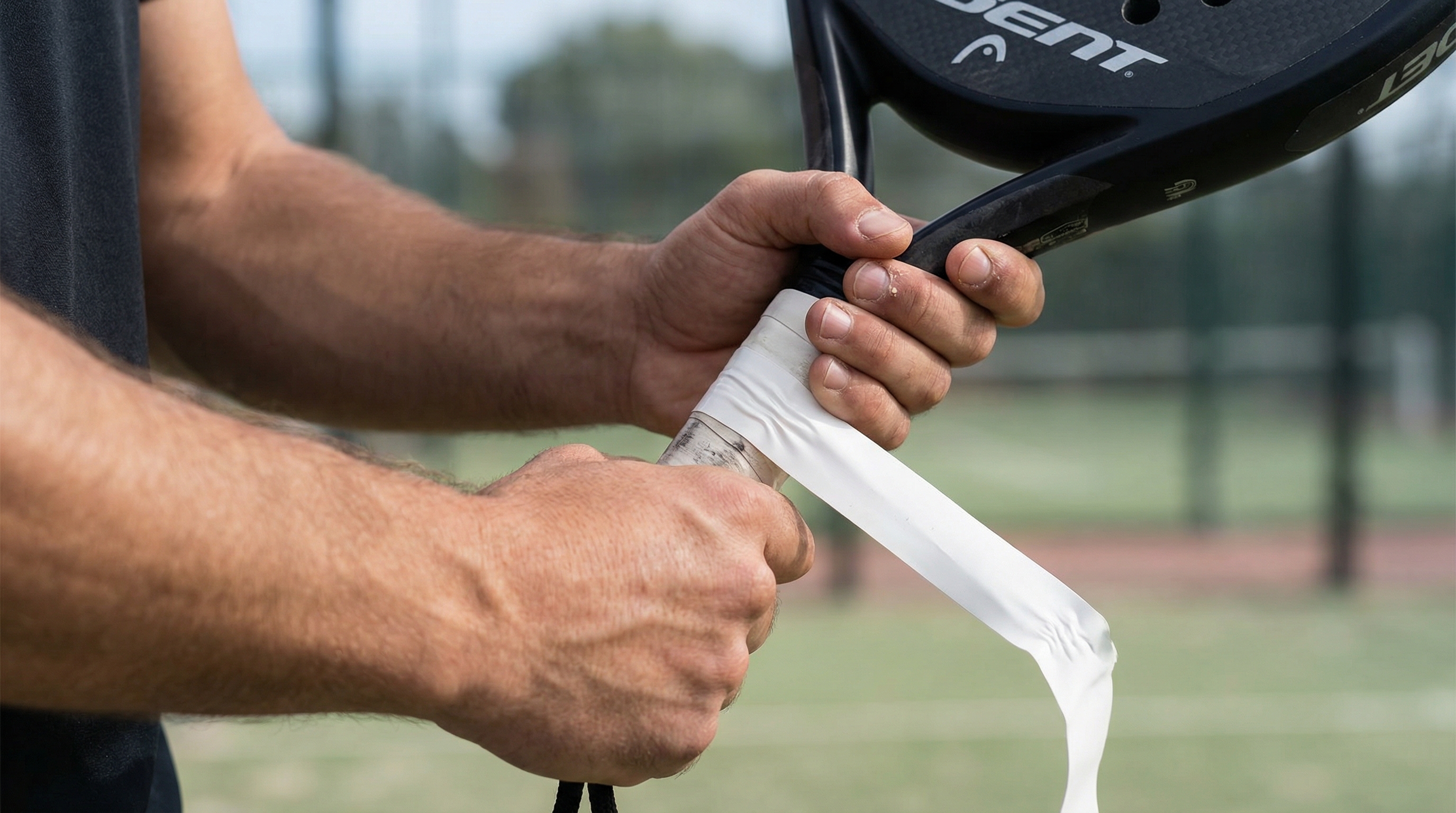 Photorealistic image of a hand applying a fresh white overgrip to a racket handle