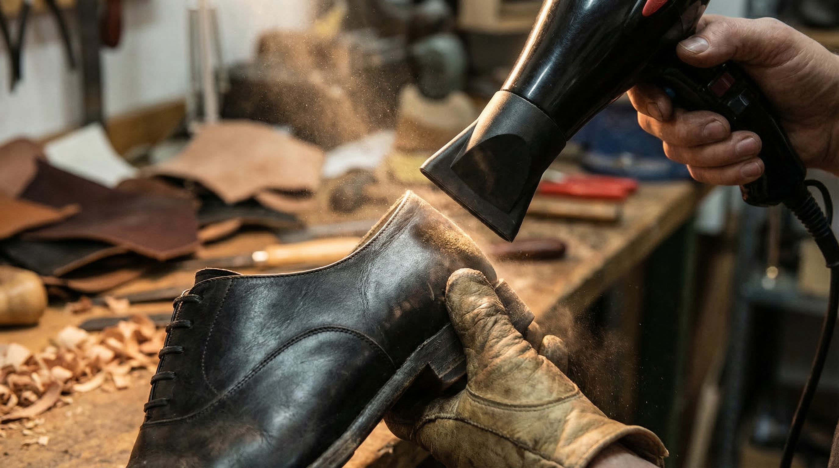 Using a professional hairdryer for shoe heat treatment