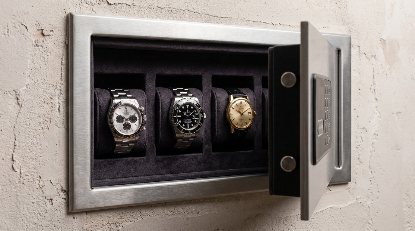 Recessed wall watch safe with a brushed metal frame containing luxury watches on cushions