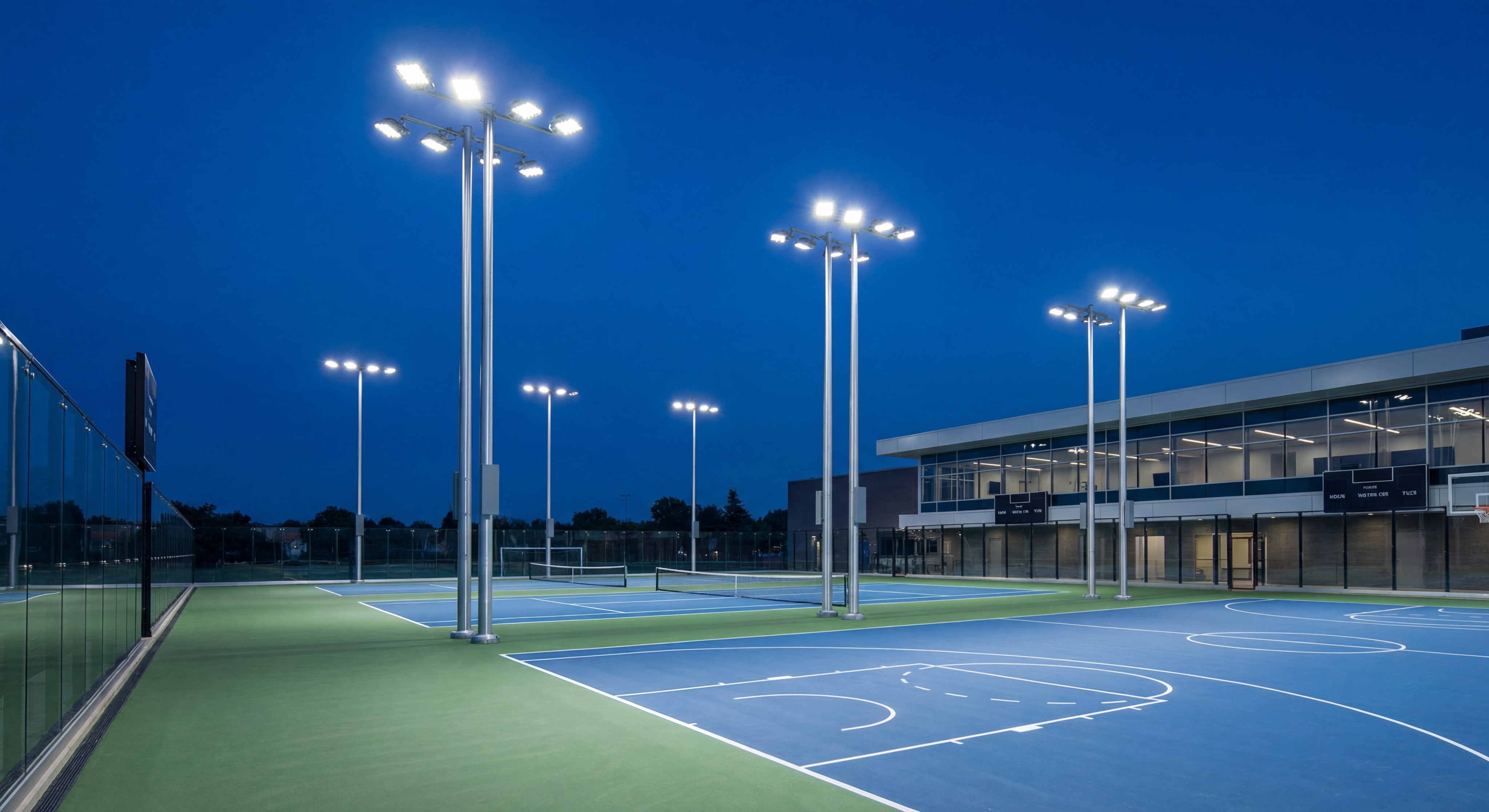 Illuminated sports courts at night