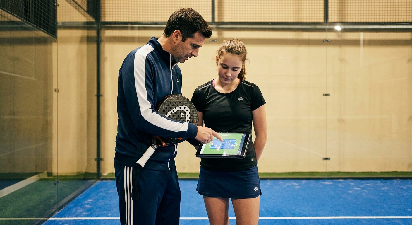 A photorealistic scene of a coach holding a padel racket, pointing at a tablet screen to show a student their positioning on a professional indoor court.