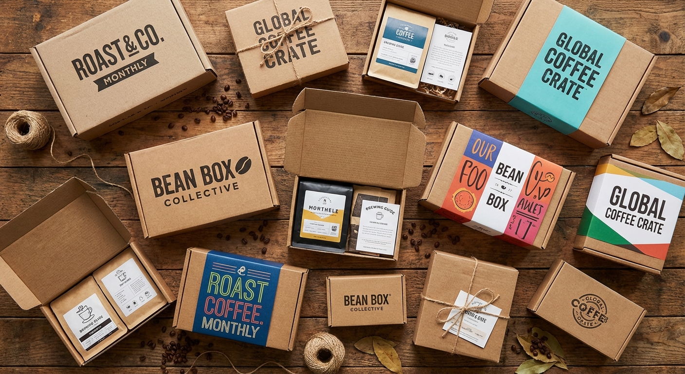 Coffee subscription box flatlay on a wooden surface
