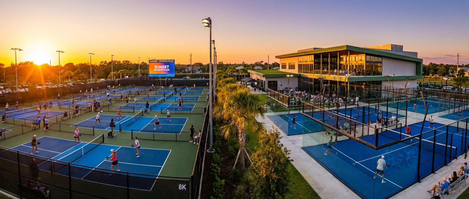 Modern sports complex at sunset