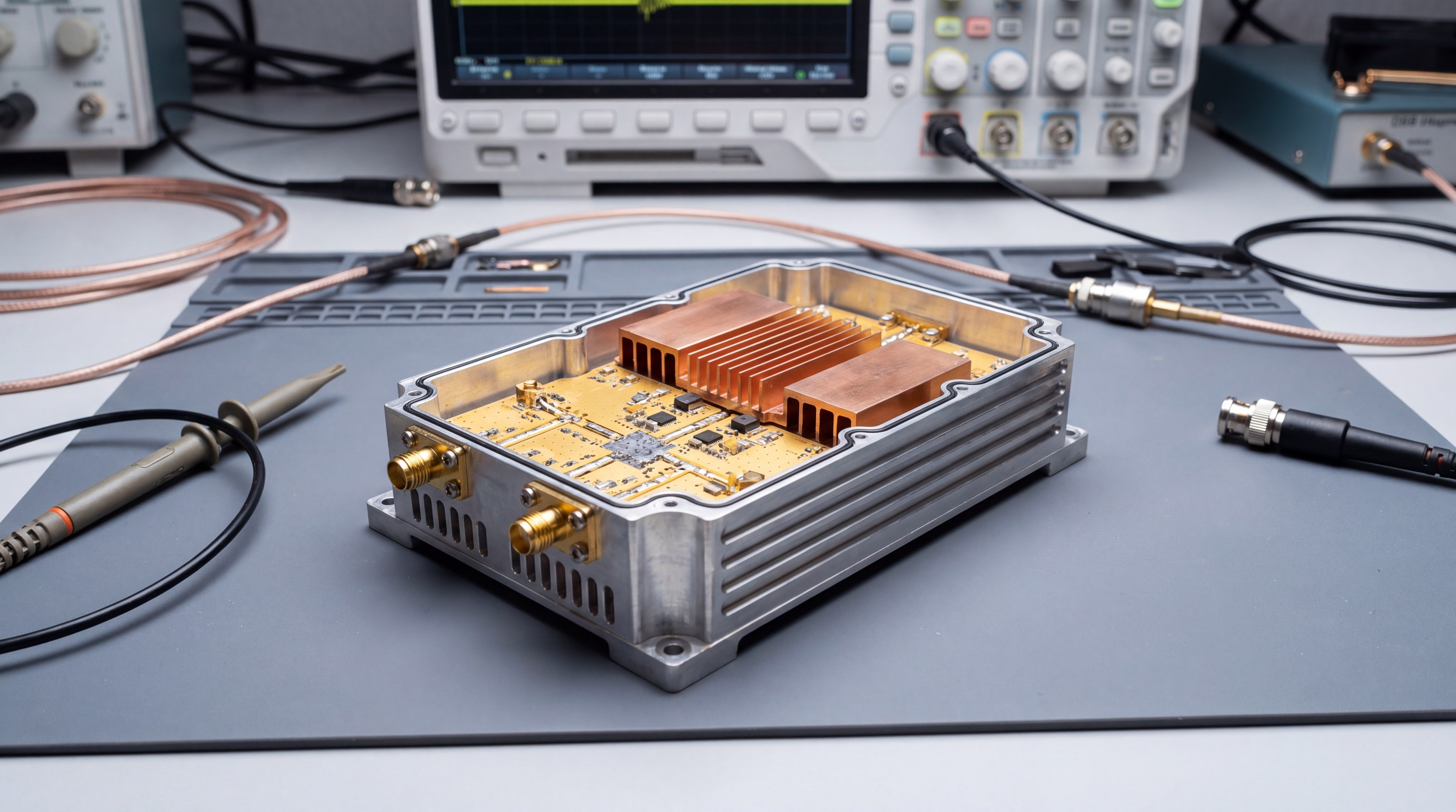 A professional RF power amplifier module on a lab bench with testing equipment, used in drone jamming systems.