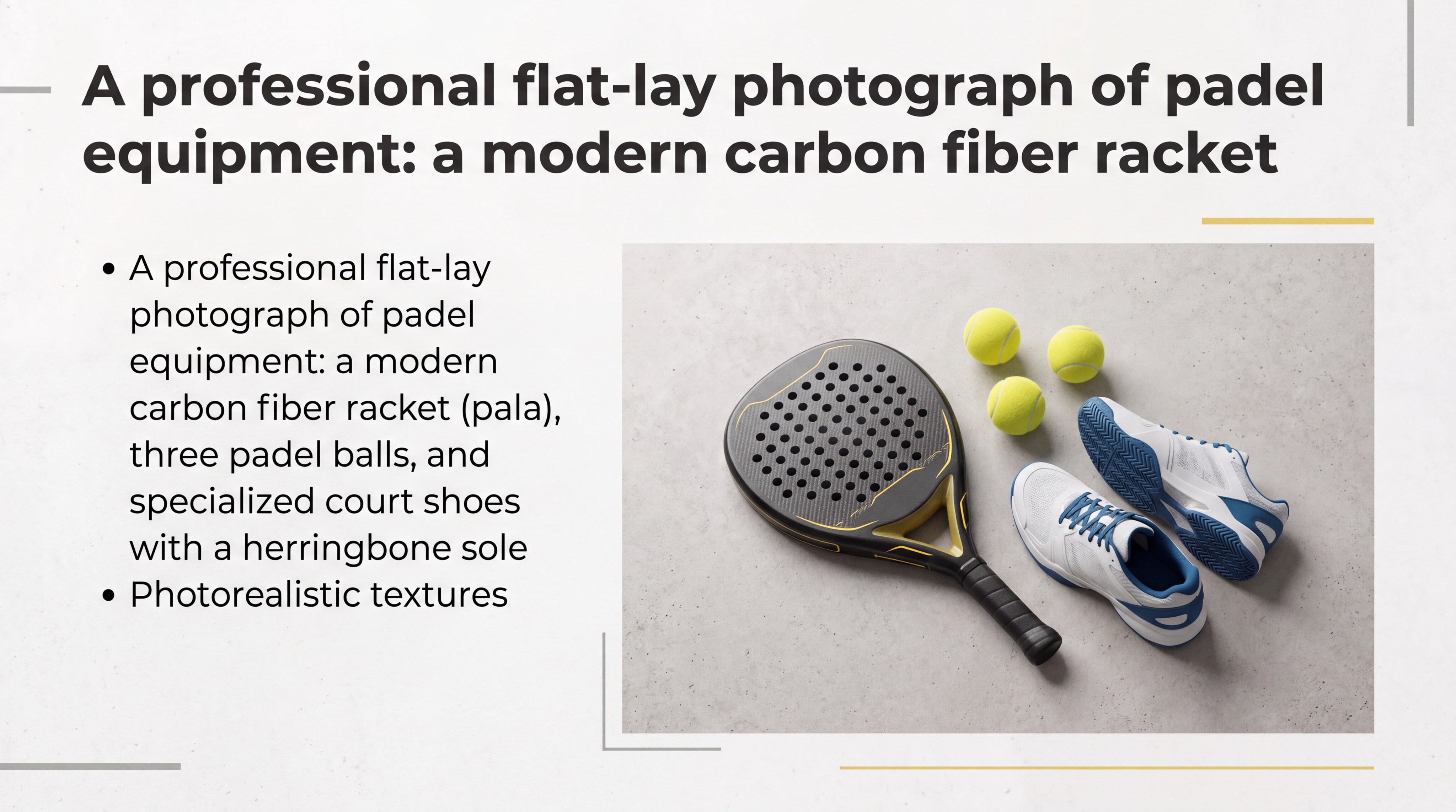 A professional flat-lay photograph of padel equipment: a modern carbon fiber racket (pala), three padel balls, and specialized court shoes