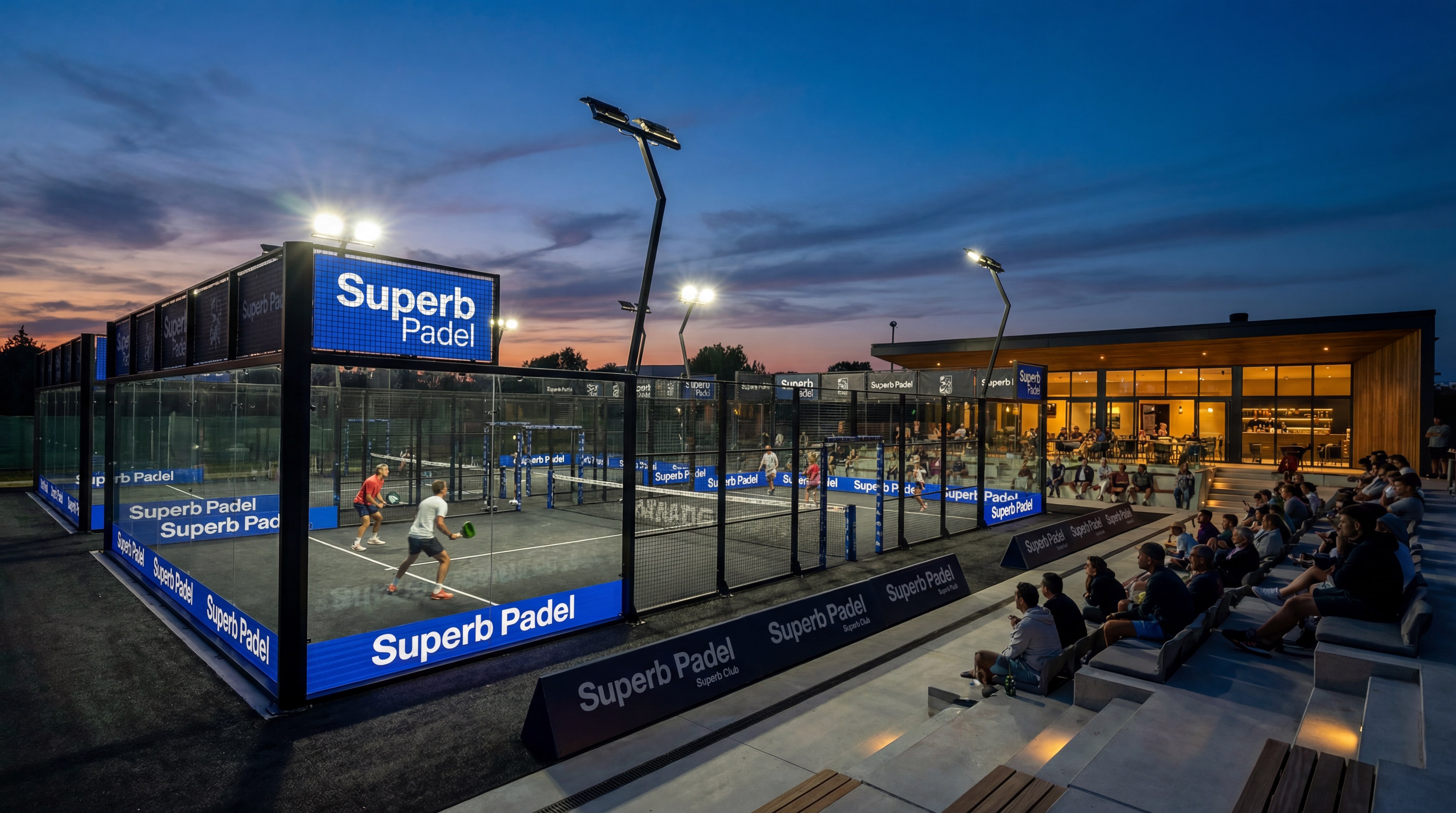 Superb Padel court at evening with spectators
