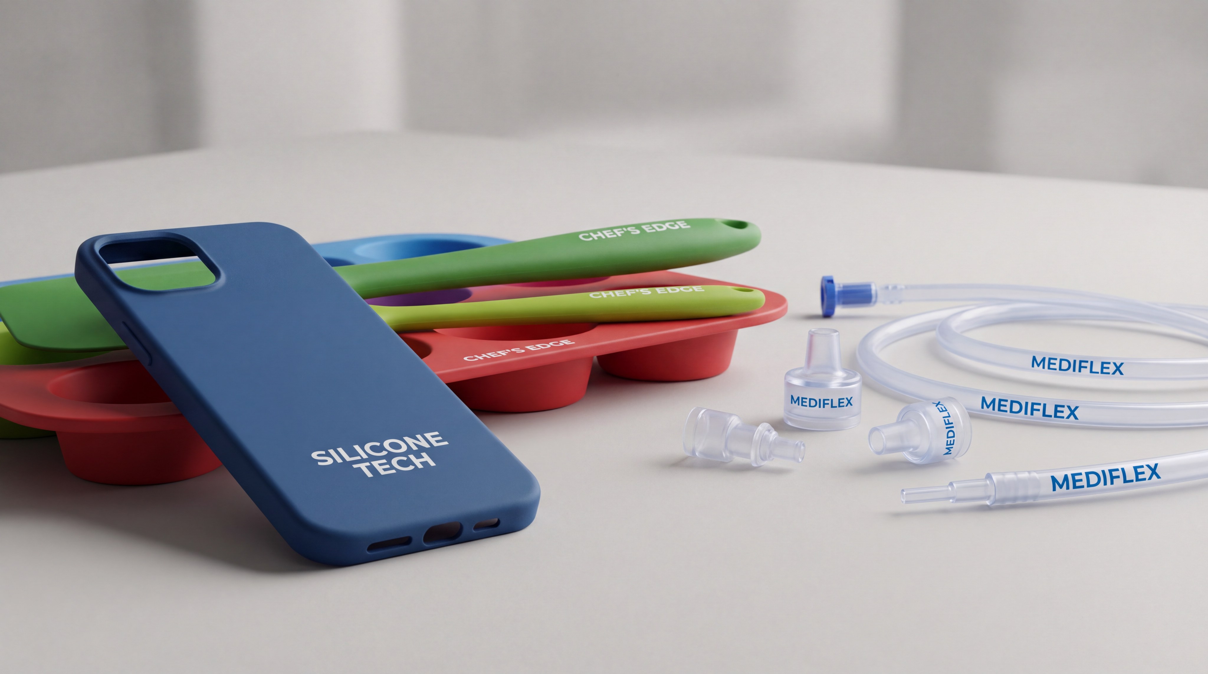 A showcase of various silicone products including phone cases, kitchen tools, and medical tubing, all featuring crisp, durable printed logos.
