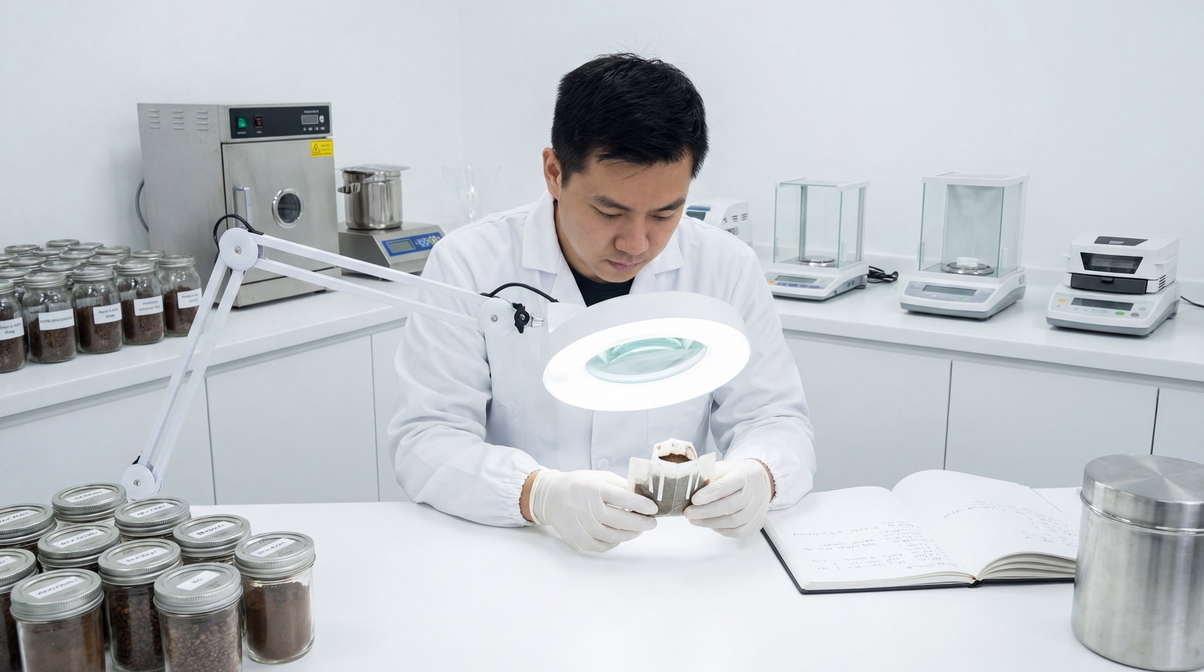 A professional quality control lab where a technician in a white coat uses a magnifying glass to inspect a drip coffee bag. Photorealism style.