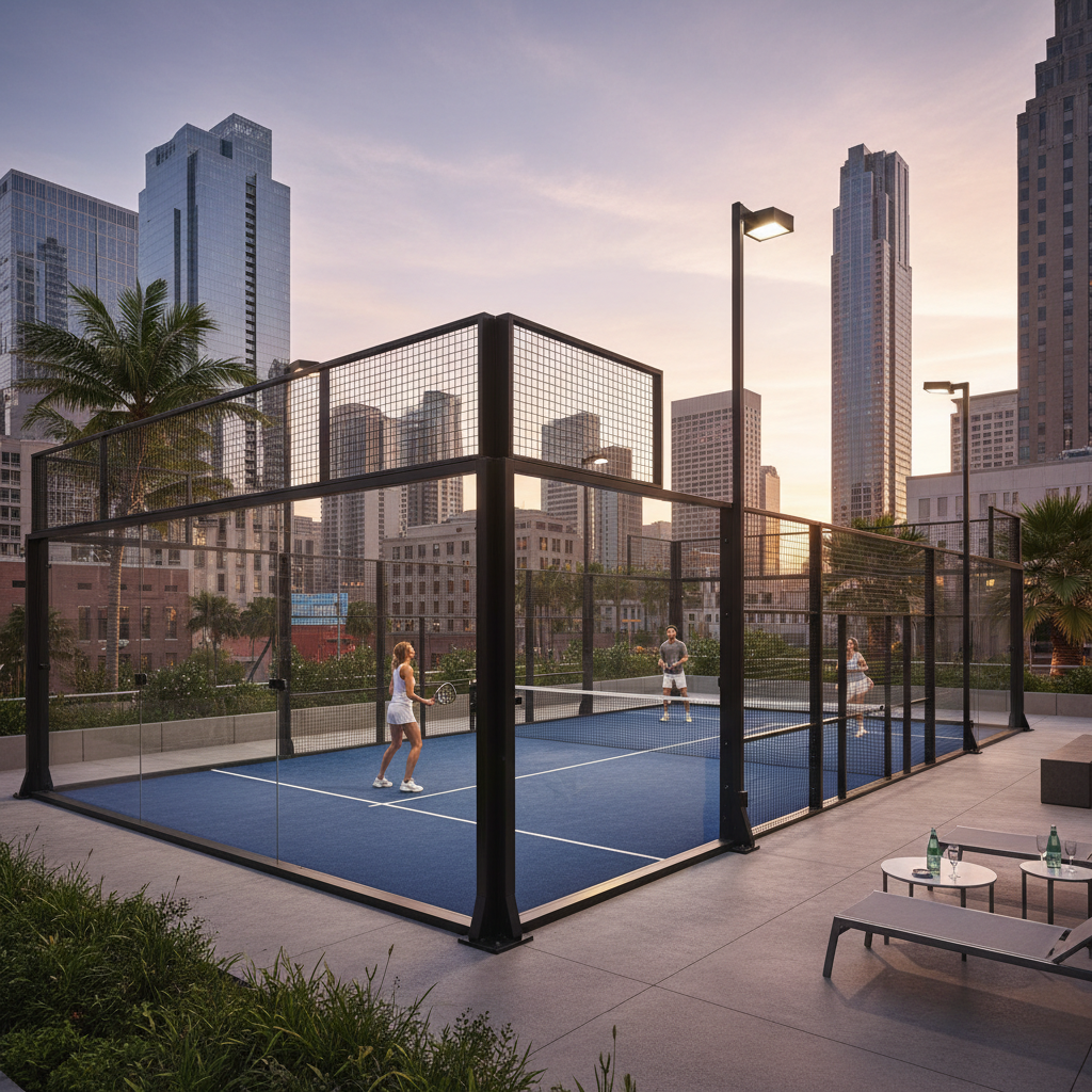 A luxury outdoor padel club featuring panoramic glass courts with bright blue turf and sleek black steel frames at sunset.