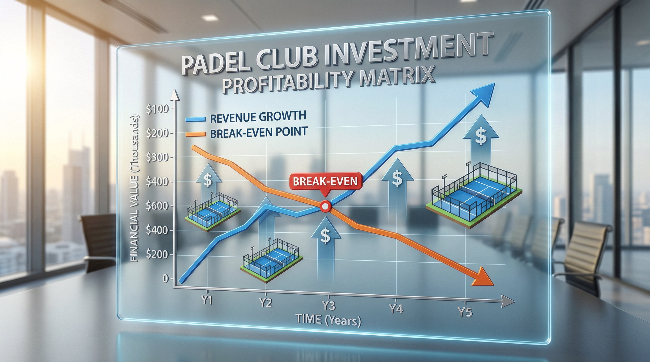 A professional infographic "Profitability Matrix" showing the 24-month breakeven point for a 4-court club in NYC, including CAPEX, OPEX, and Revenue lines.