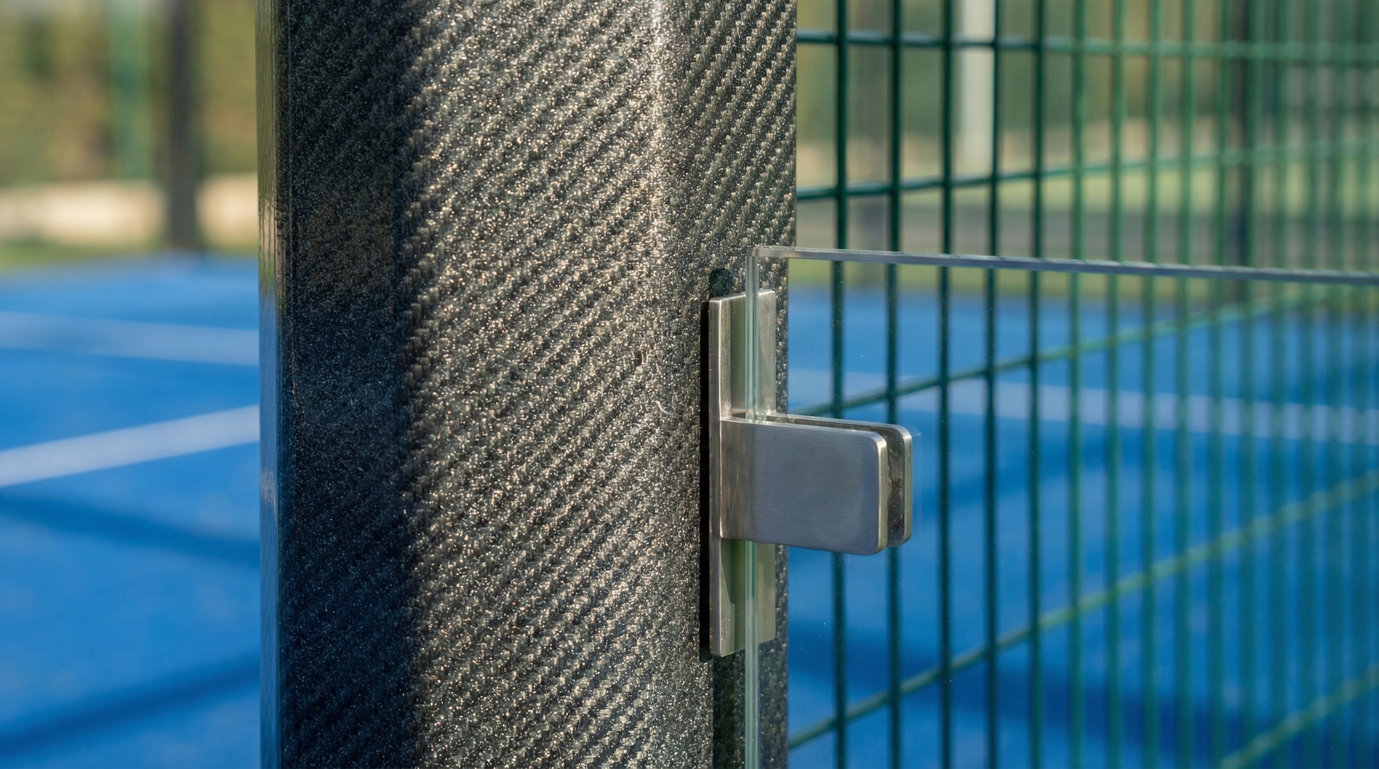 A macro photorealistic close-up of a carbon fiber corner post and a seamless glass joint on a padel court, showing the metallic flake in the powder-coated finish.