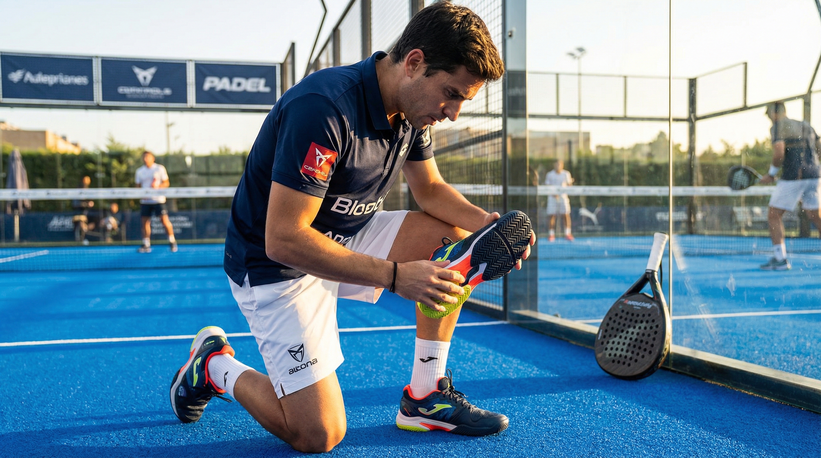 Professional Padel Player Inspecting Footwear