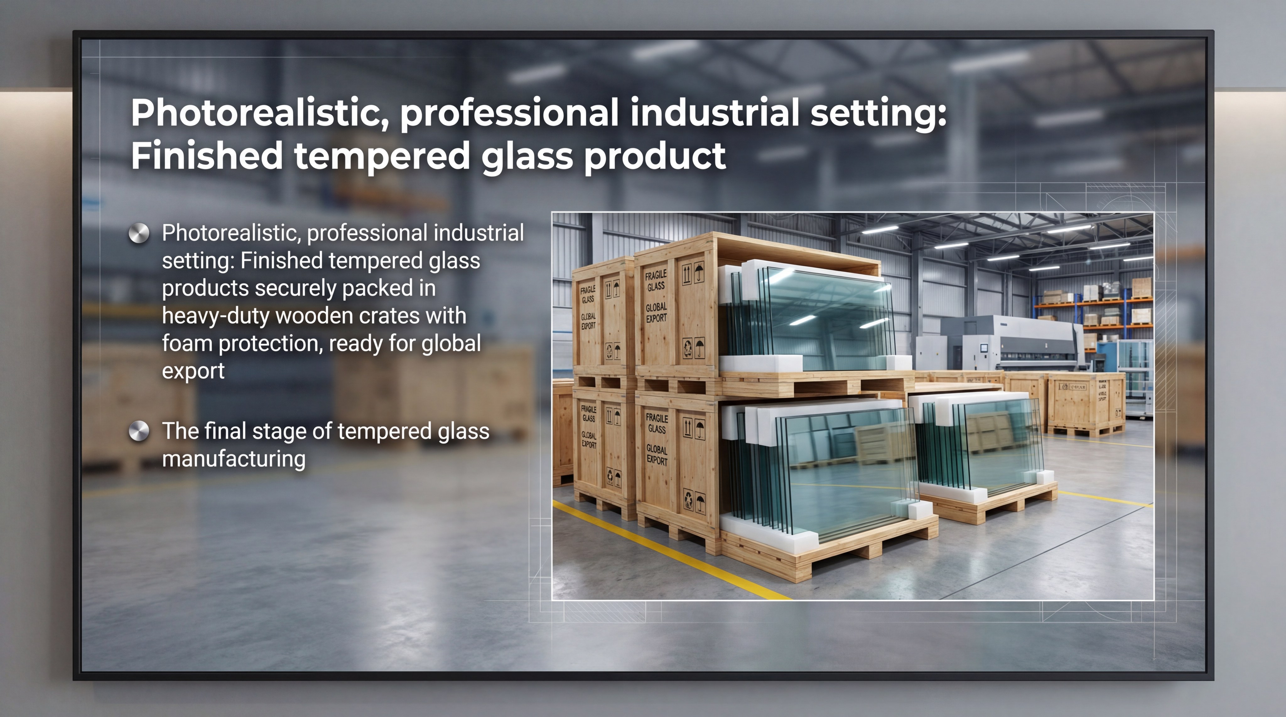 Finished tempered glass products securely packed in heavy-duty wooden crates with foam protection