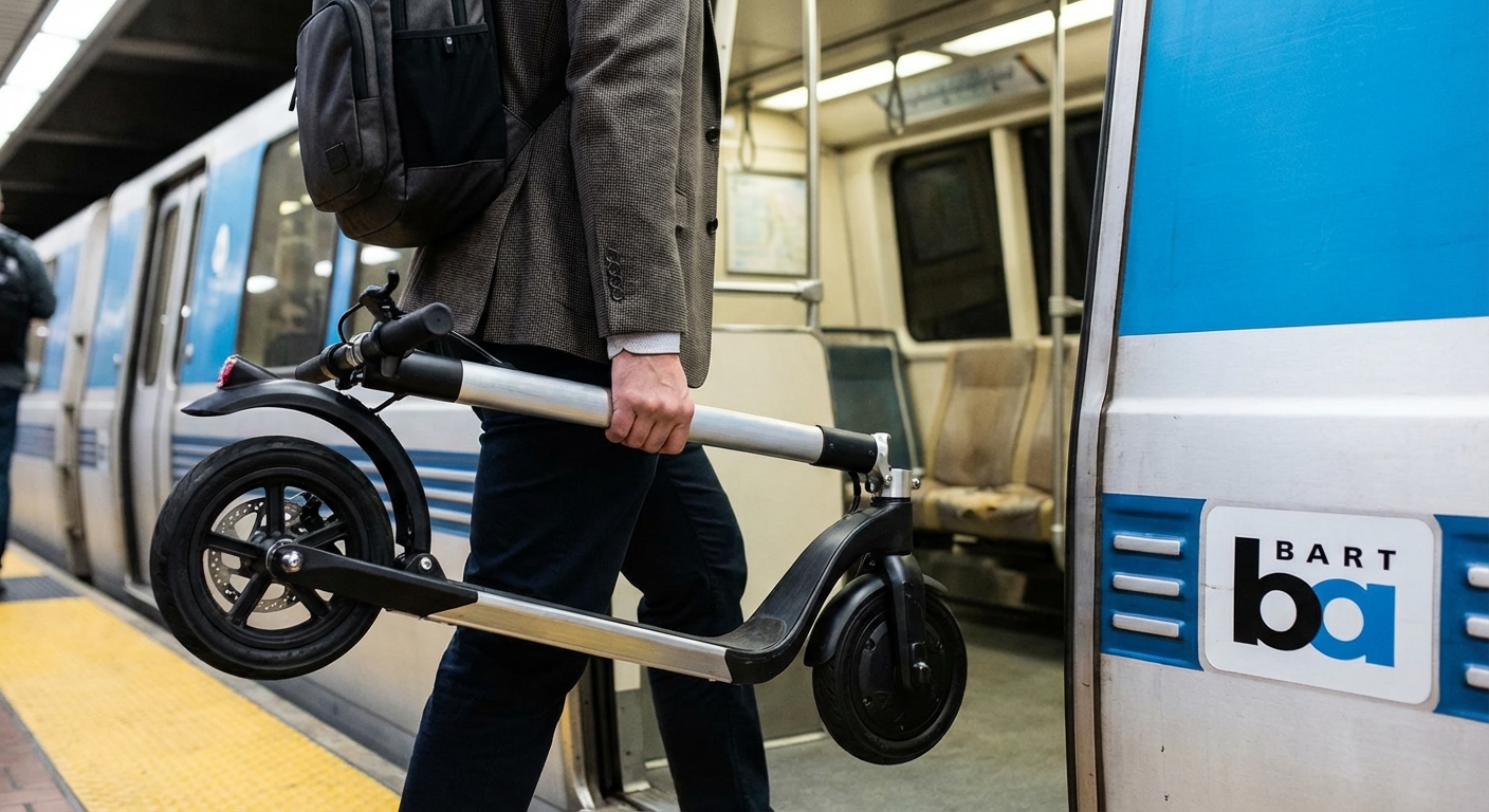 A commuter carrying a neatly folded electric scooter while boarding a BART train, showing how it fits easily in transit.