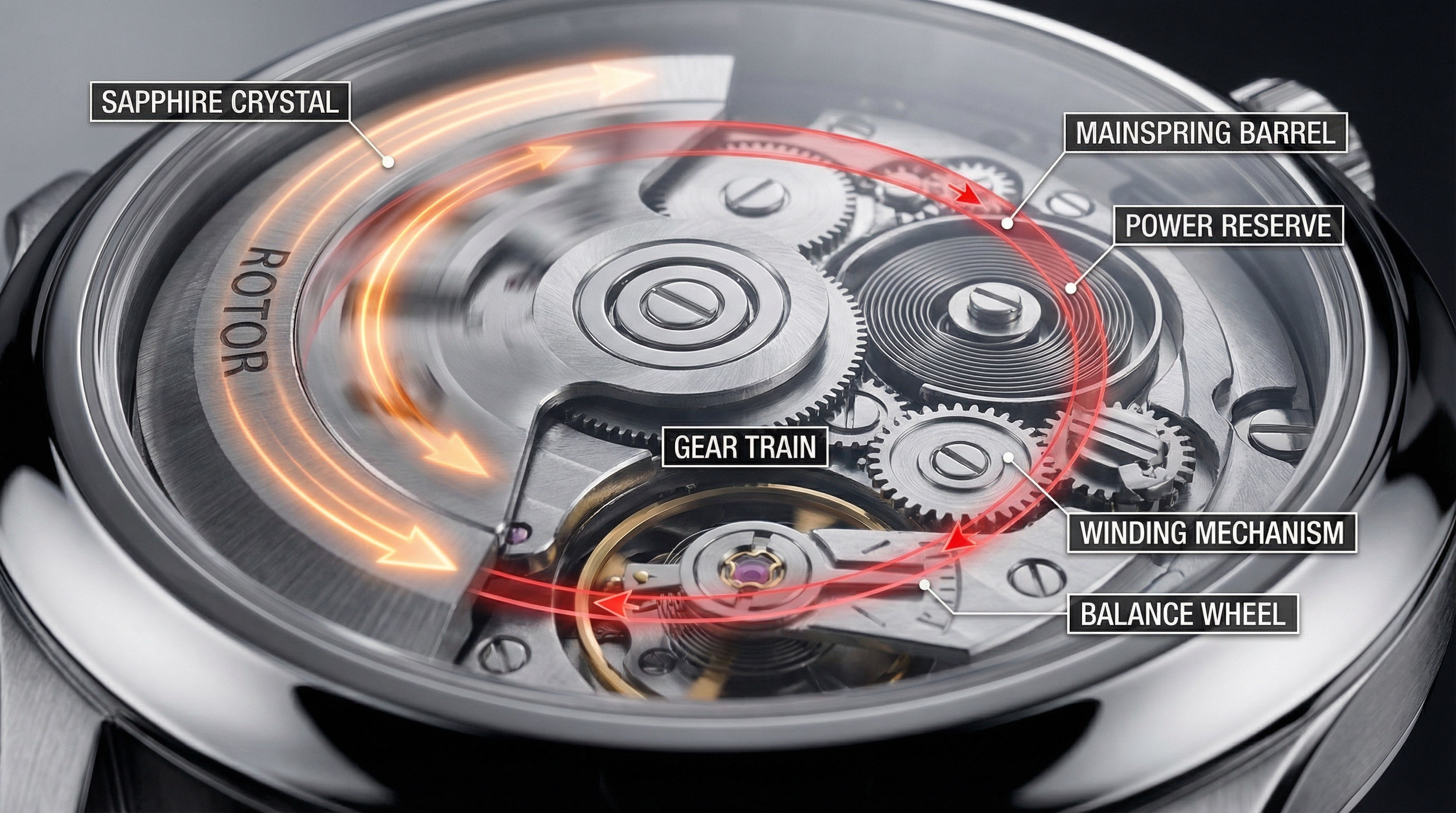 Technical 3D infographic diagram showing internal mechanics of a watch rotor