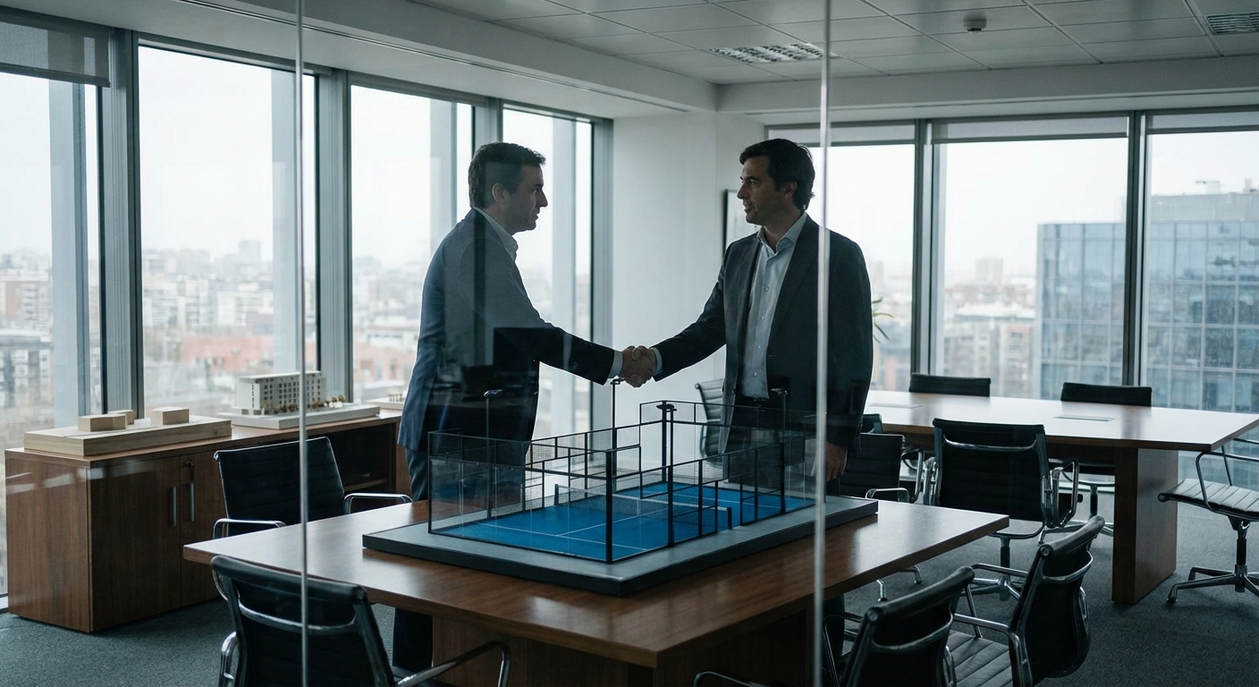 Executives shaking hands over court model