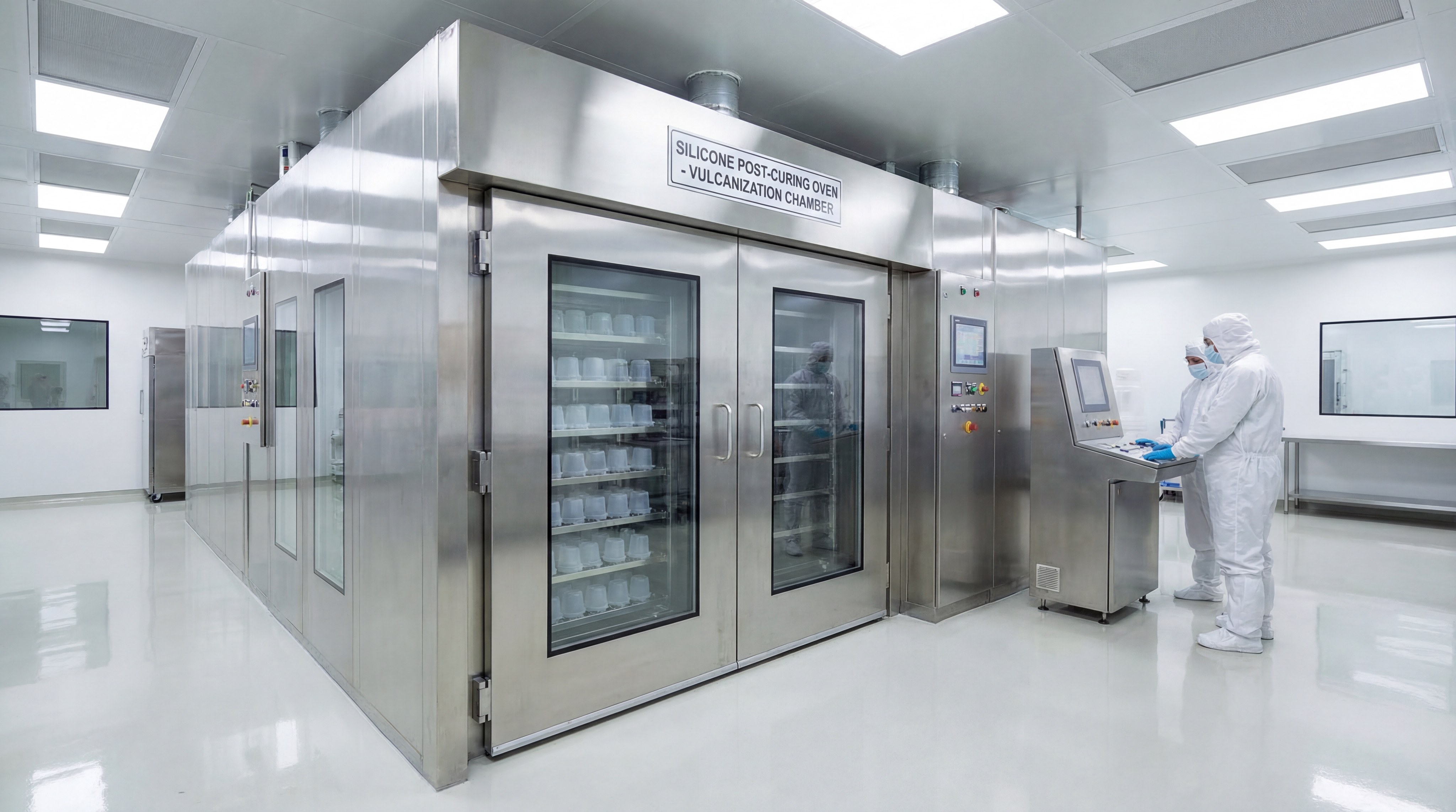 Large stainless steel industrial ovens in a cleanroom environment used for the secondary vulcanization and post-curing of silicone parts