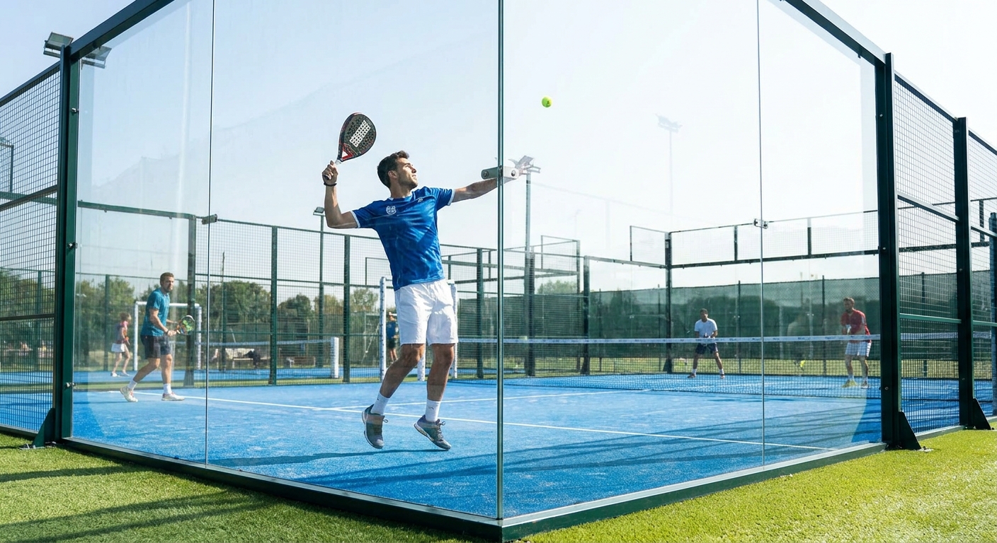 A photorealistic, eye-level shot looking through the corner of a panoramic padel court, showing the seamless glass-to-glass connection and a player preparing for a smash.