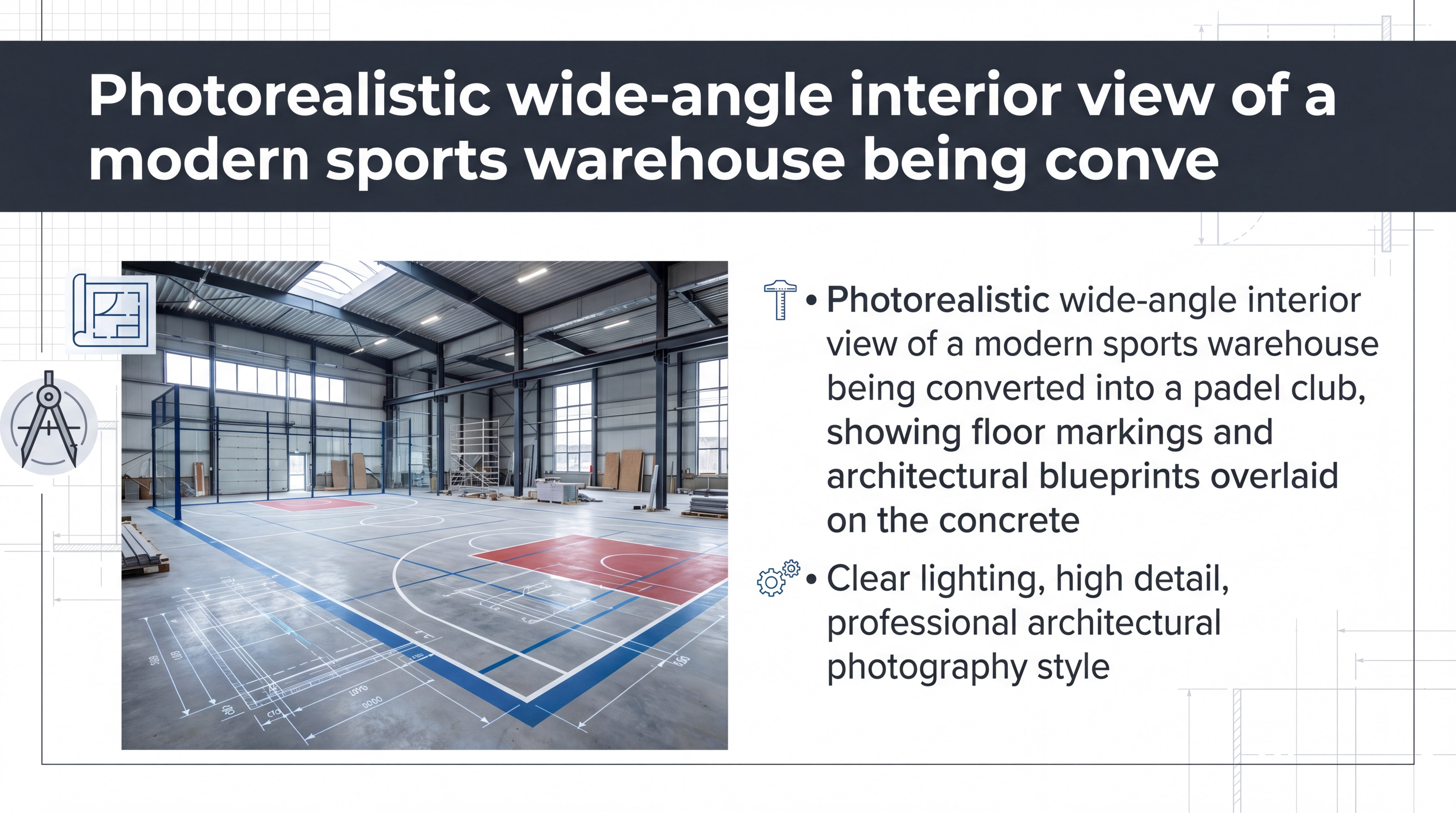 Photorealistic wide-angle interior view of a modern sports warehouse being converted into a padel club