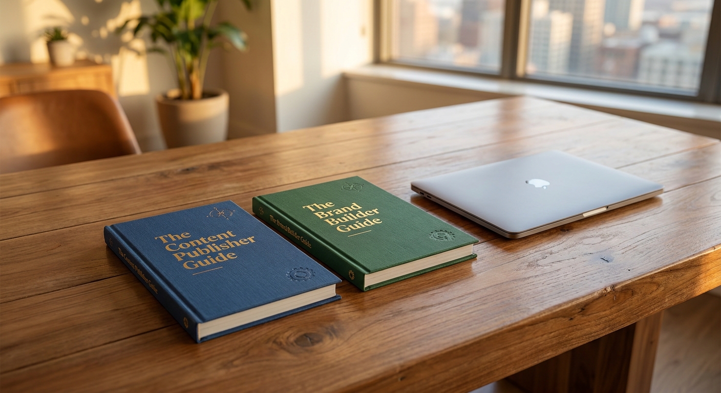 Wooden table with two distinct guidebooks labeled The Content Publisher Guide and The Brand Builder Guide next to a laptop